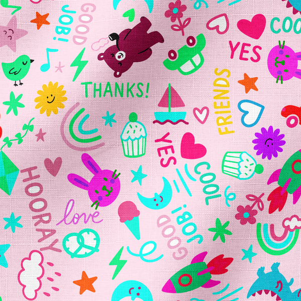 Fondo rosa con dibujos coloridos y palabras positivas como "gracias", "genial" y "amigos fabric ripple mockup