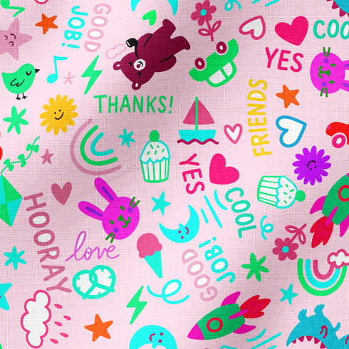 Fondo rosa con dibujos coloridos y palabras positivas como "gracias", "genial" y "amigos fabric ripple mockup