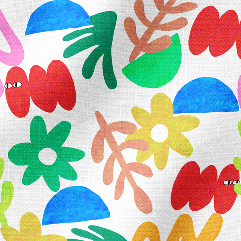 Collage colorido con formas abstractas: flores amarillas, semicírculos azules, líneas onduladas y elementos orgánicos en diversos colores brillantes. fabric ripple mockup