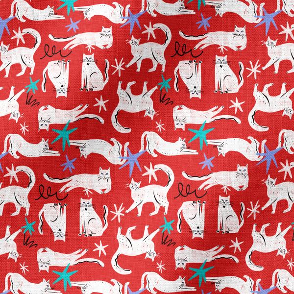 Patrón de gatos blancos dibujados a mano sobre fondo rojo con estrellas de mar azules y turquesa fabric ripple mockup