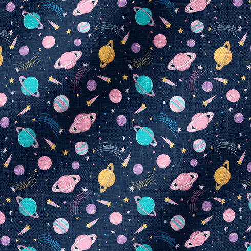 Colorido patrón espacial con planetas, estrellas y cometas en tonos pastel sobre fondo azul oscuro. fabric ripple mockup