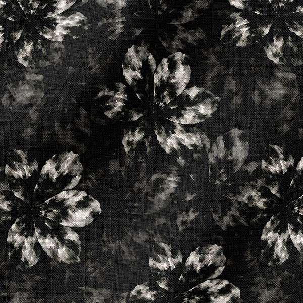 Patrón abstracto de flores oscuras con destellos blancos en fondo negro, efecto tie-dye. fabric ripple mockup