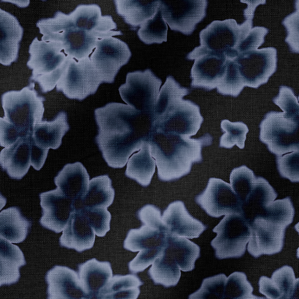 Patrón floral de flores azules y moradas sobre fondo negro, diseño decorativo simétrico fabric ripple mockup