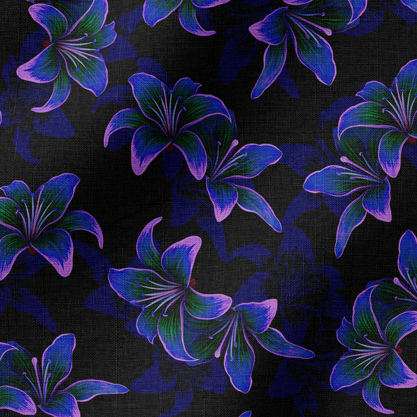 Patrón de flores de lirio en tonos azules y morados brillantes sobre fondo negro profundo fabric ripple mockup