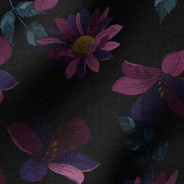 Patrón floral de flores moradas con centros amarillos sobre fondo negro fabric ripple mockup