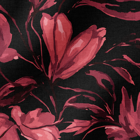 Patrón floral con flores de color rosa oscuro/burdeos sobre fondo negro, estilo artístico fabric ripple mockup
