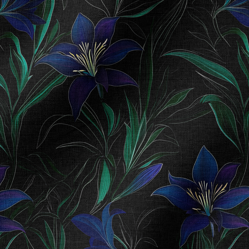 Patrón floral de elegantes lirios azul-púrpura con tallos verdes sobre fondo negro. fabric ripple mockup