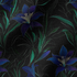 Patrón floral de elegantes lirios azul-púrpura con tallos verdes sobre fondo negro. fabric ripple mockup