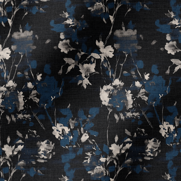 Patrón floral artístico en fondo negro con siluetas de flores en azul marino y blanco en estilo oriental fabric ripple mockup