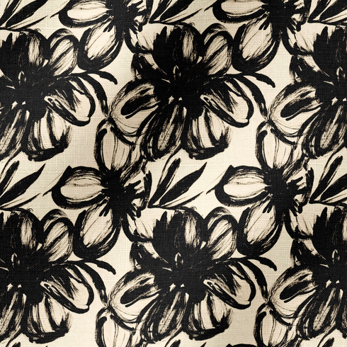 Patrón floral artístico en blanco y negro con flores grandes de trazos expresivos y hojas estilizadas. fabric ripple mockup