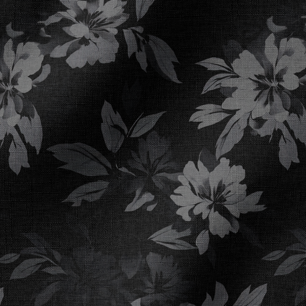 Patrón oscuro de hojas tropicales sobre fondo negro, en tonos grises y negros, creando un efecto monocromático elegante. fabric ripple mockup
