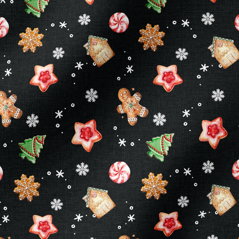 Patrón navideño con galletas decoradas en forma de estrellas, copos de nieve, árbol, casa y muñeco de jengibre sobre fondo negro. fabric ripple mockup