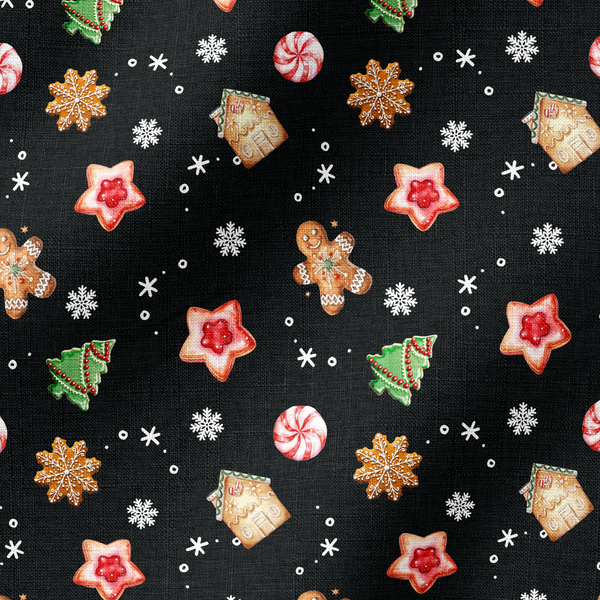 Patrón navideño con galletas decoradas en forma de estrellas, copos de nieve, árbol, casa y muñeco de jengibre sobre fondo negro. fabric ripple mockup
