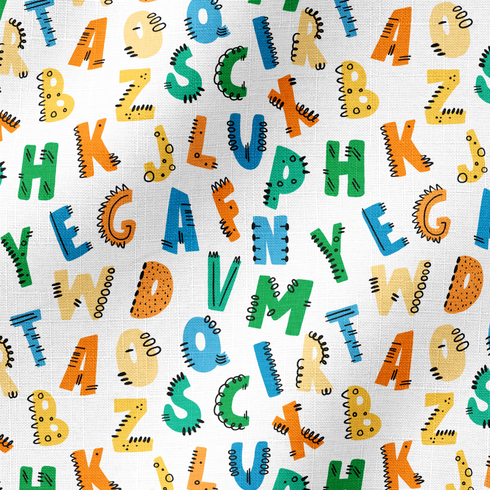 Patrón colorido de letras del alfabeto con diseños estilo dinosaurio en tonos azul, verde, amarillo y naranja sobre fondo blanco. fabric ripple mockup