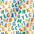 Patrón colorido de letras del alfabeto con diseños estilo dinosaurio en tonos azul, verde, amarillo y naranja sobre fondo blanco. fabric ripple mockup