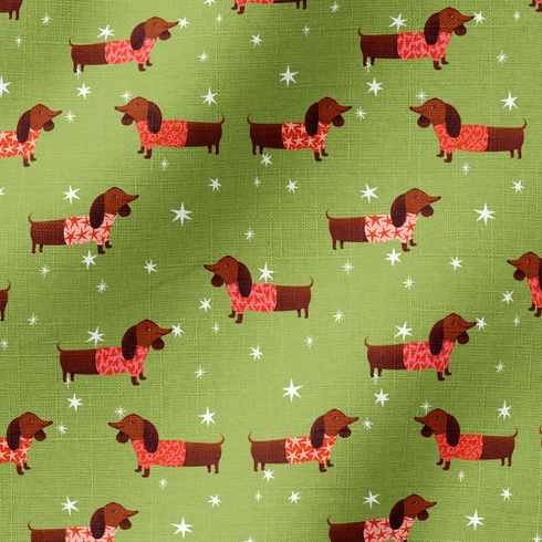 Patrón de perros salchichas marrones con bufandas rojas navideñas sobre fondo verde con estrellas blancas. fabric ripple mockup