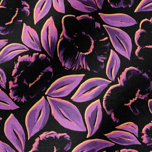 Patrón floral negro con pétalos púrpuras sobre fondo oscuro, estilo elegante y contrastante. fabric ripple mockup