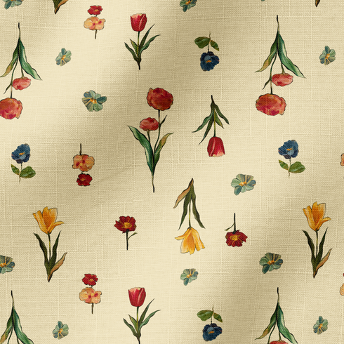 Patrón botánico con flores rojas, azules, amarillas y tulipanes sobre fondo beige claro fabric ripple mockup