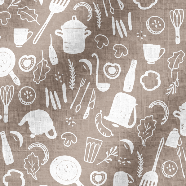 Patrón decorativo de utensilios de cocina en blanco sobre fondo marrón claro. fabric ripple mockup
