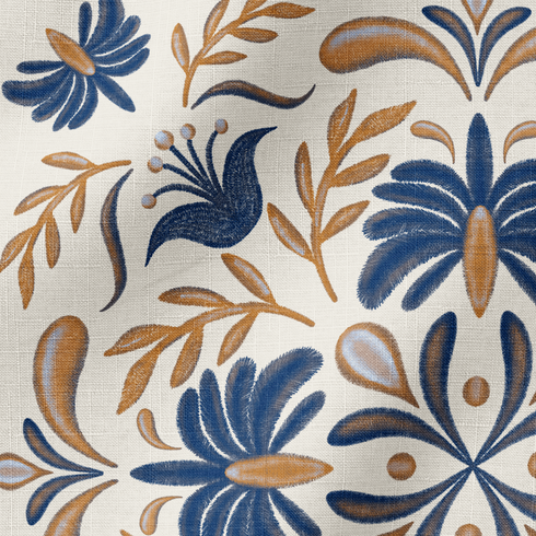 Diseño floral simétrico con motivos azules y marrón dorado en estilo folk, ornamento decorativo tradicional fabric ripple mockup