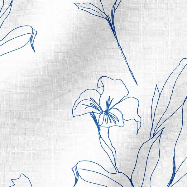 Patrón botánico de líneas azules que muestra flores y hojas en un estilo de dibujo minimalista sobre fondo blanco. fabric ripple mockup