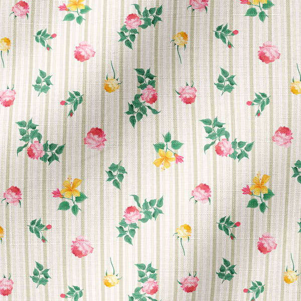 Patrón floral con rosas rosadas y amarillas sobre fondo de rayas beige y crema con hojas verdes fabric ripple mockup