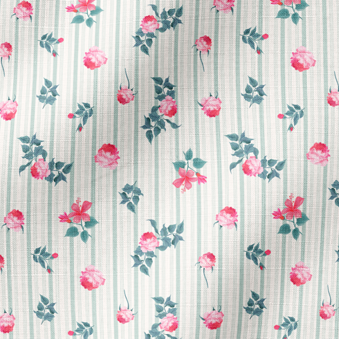 Patrón floral con rosas rosadas sobre fondo de rayas verticales grises y blancas fabric ripple mockup