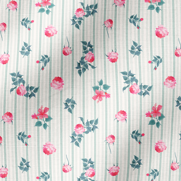 Patrón floral con rosas rosadas sobre fondo de rayas verticales grises y blancas fabric ripple mockup