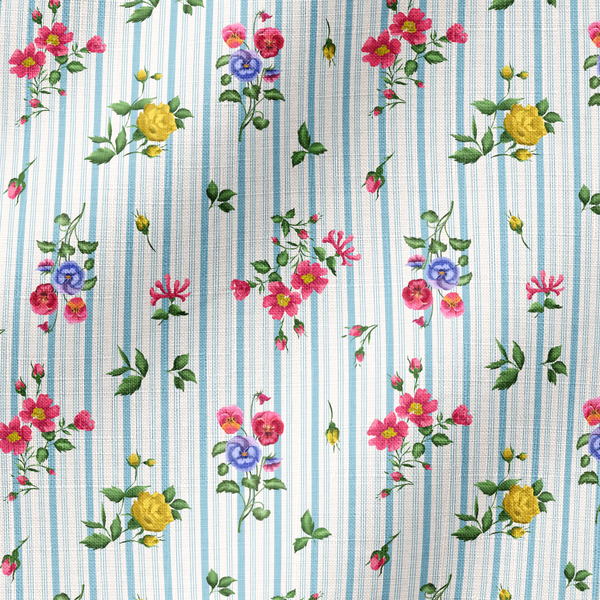 Patrón floral con rosado, amarillo y azul sobre rayas verticales azules y blancas fabric ripple mockup