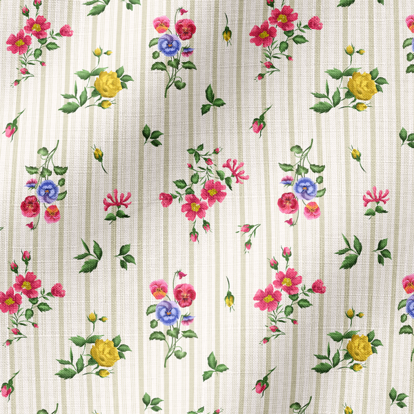Estampado floral con rosas rosadas, amarillas y moradas sobre fondo de rayas beiges y blancas fabric ripple mockup