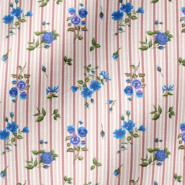 Patrón floral con rosas azules sobre fondo de rayas rosadas y blancas verticales delicadas fabric ripple mockup