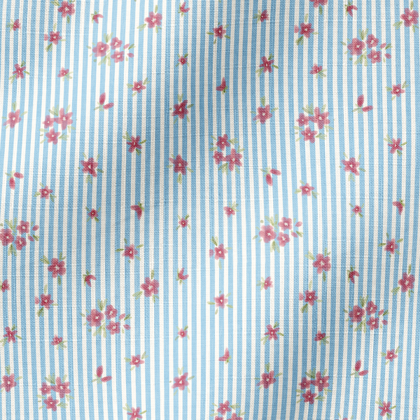 Patrón de rayas azul cielo con flores rosadas pequeñas dispersas sobre fondo blanco fabric ripple mockup