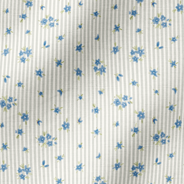 Patrón de flores azules pequeñas sobre fondo de rayas beige y blanco, estilo delicado y fresco fabric ripple mockup