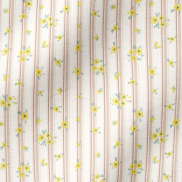 Patrón delicado con flores amarillas pequeñas sobre fondo de rayas rosado y crema suave fabric ripple mockup