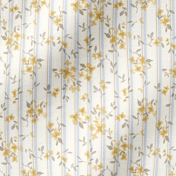 Patrón floral delicado con flores amarillas y hojas grises sobre rayas verticales en fondo crema fabric ripple mockup