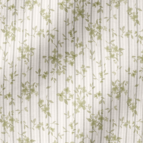 Patrón delicado de ramas verdes sobre rayas verticales beige y crema con estilo botánico suave fabric ripple mockup
