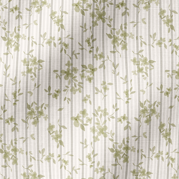 Patrón delicado de ramas verdes sobre rayas verticales beige y crema con estilo botánico suave fabric ripple mockup