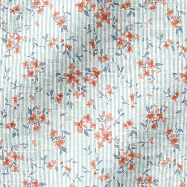 Patrón floral coral y gris sobre rayas azul cielo, flores delicadas con hojas decorativas fabric ripple mockup