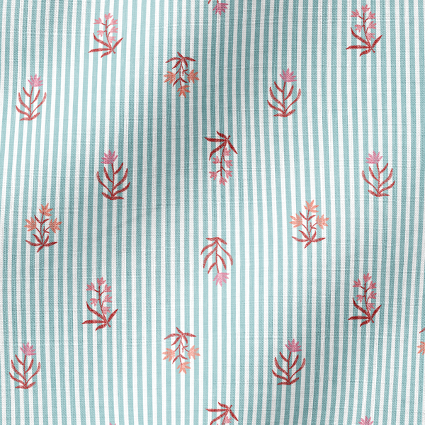 Patrón de rayas verticales turquesa sobre fondo blanco con motivos de hojas rosado coral dispersos fabric ripple mockup
