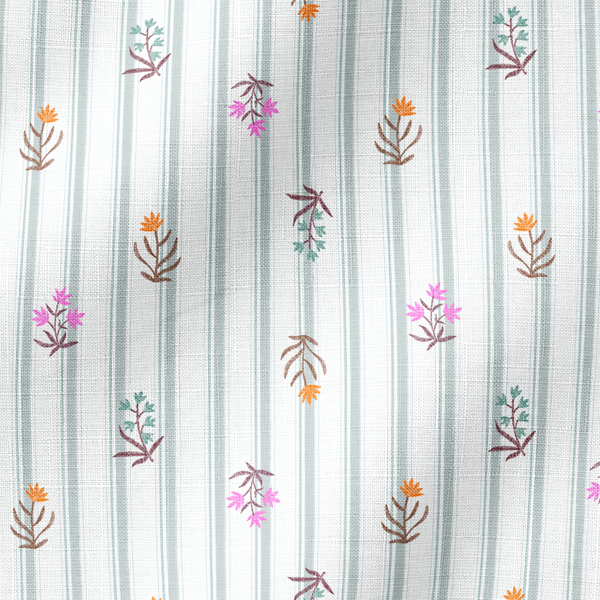 Patrón de rayas verticales gris con pequeños motivos florales en rosado, naranja y verde agua dispersos fabric ripple mockup