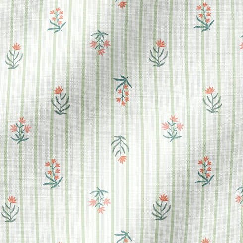 Patrón de rayas verdes con flores coral y hojas dispersas sobre fondo crema fabric ripple mockup