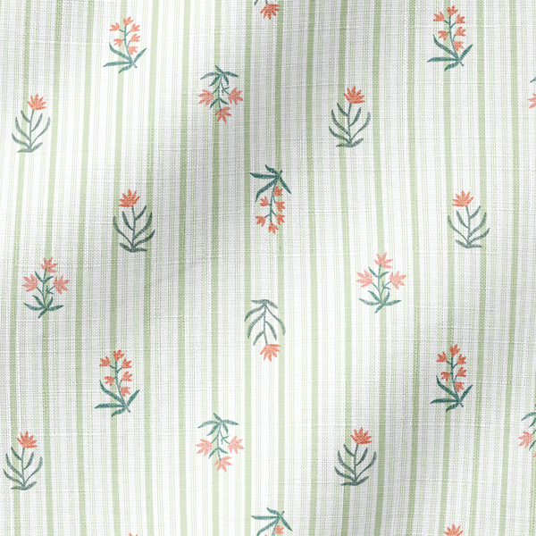 Patrón de rayas verdes con flores coral y hojas dispersas sobre fondo crema fabric ripple mockup