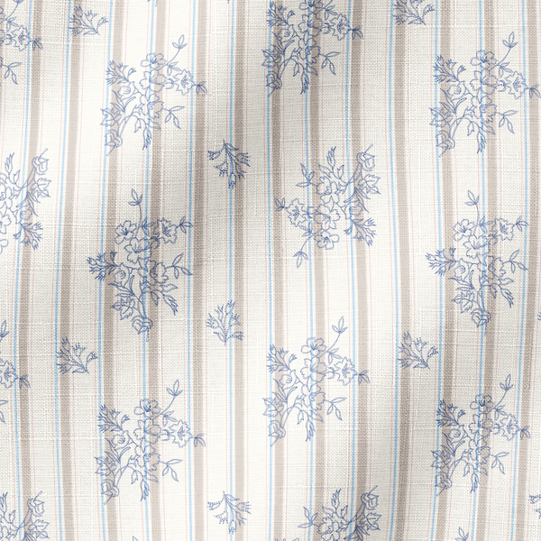 Patrón de rayas verticales con motivos florales delicados en tonos azules sobre fondo crema fabric ripple mockup