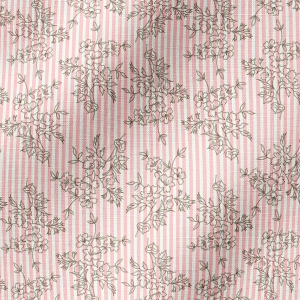 Patrón rosado con rayas verticales y estampado florales de ramas delicadas en gris fabric ripple mockup