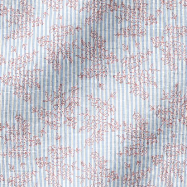 Patrón de rayas verticales azul cielo con delicadas flores rosado pálido dispersas fabric ripple mockup