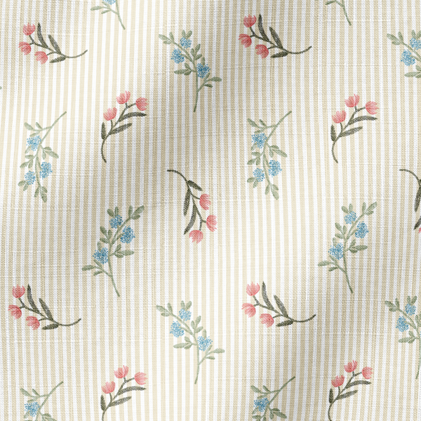 Patrón de rayas beige con flores rosadas y azules delicadas sobre fondo de líneas verticales fabric ripple mockup