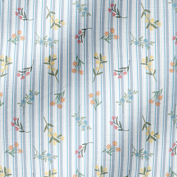 Patrón floral con líneas verticales en tonos azules, flores rosadas y amarillas sobre fondo rayado fabric ripple mockup