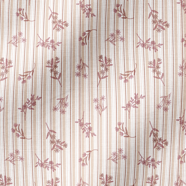 Patrón de rayas verticales en tonos rosado pálido y crema con delicados motivos florales de ramas y hojas fabric ripple mockup