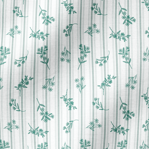 Patrón decorativo con rayas verticales y motivos florales de ramas verdes sobre fondo blanco fabric ripple mockup