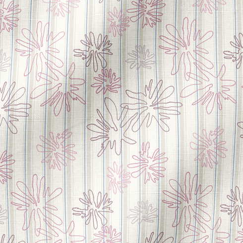 Patrón floral con flores rosado pálido sobre fondo de rayas verticales en tonos crema y beige fabric ripple mockup